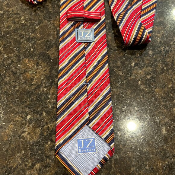 JZ RICHARDS Boulder Silk Necktie Red Blue Stripe Hand Made USA Lindley Clothing - Picture 3 of 7